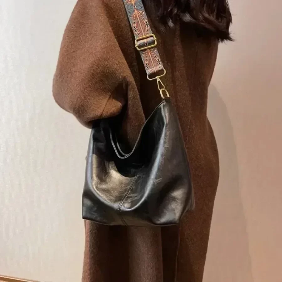 Vintage Solid Color PU Leather Women Fashion Shoulder Sling Bag High-Capacity Simple Wide Strap Bucket Crossbody Bag Commuting_3