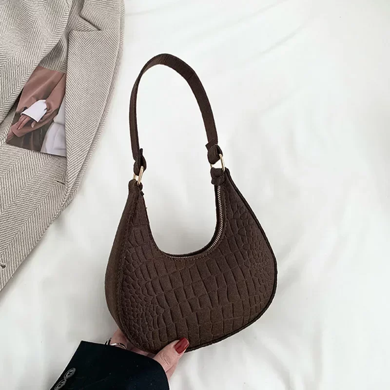 Women Bags Shoulder Retro Leisure Handbag Pure Felt Fashion Underarm Bag Crescent Saddle Bag for Ladies Advanced Armpit Bag 2024_7