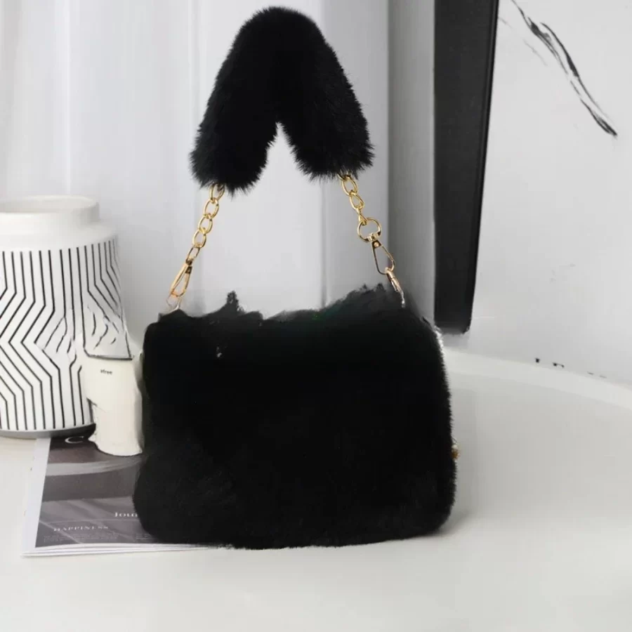 Fashion Women Fluffy Shoulder Bags Female Winter Chain Underarm Bag Solid Color Handbag Soft Plush Handle Bag_2