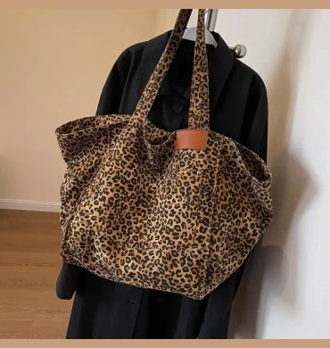 Oversized Leopard Prints Shoulder Bags for Women Deformable Canvas Large Capacity Shopping Totes 2024 Winter New Luxury Handbags