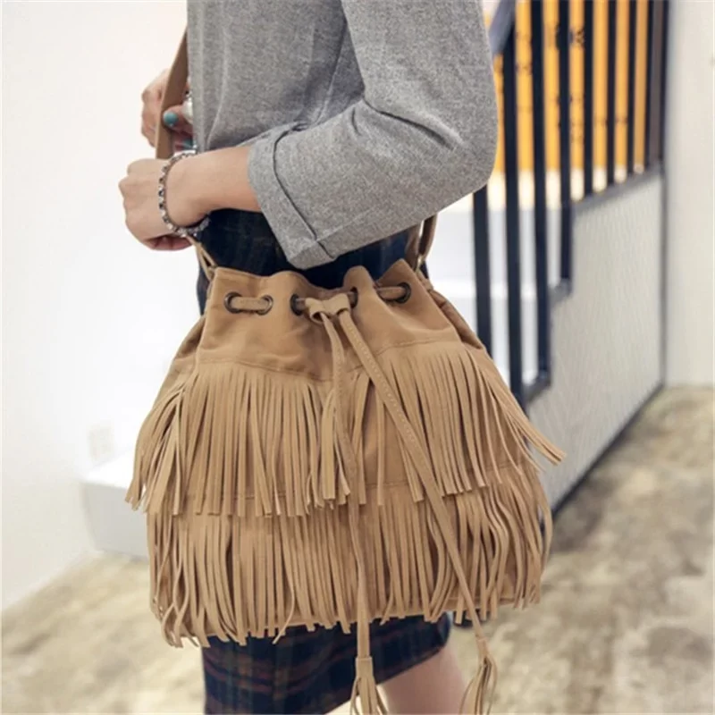 Fashion Retro Faux Suede Fringe Women Messenger Bags Tote New Handbag Tassel Shoulder Handbags Crossbody Bag Tassel Bucket_4