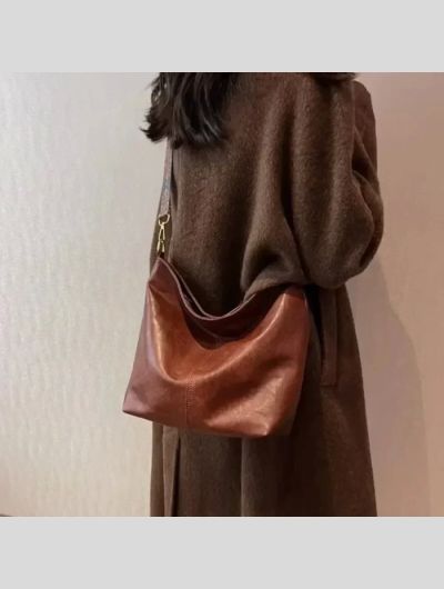 Vintage Solid Color PU Leather Women Fashion Shoulder Sling Bag High-Capacity Simple Wide Strap Bucket Crossbody Bag Commuting