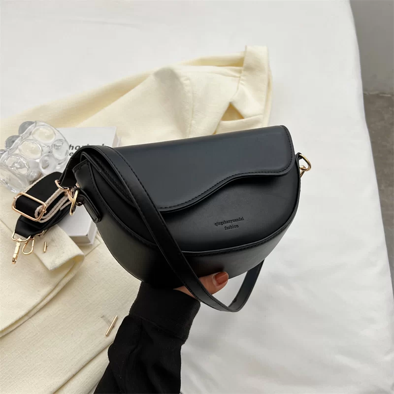 Women Vintage Solid Color Flap Small Saddle Shoulder Underarm Bag Fashion PU Leather Wide Strap Crossbody Bag_12