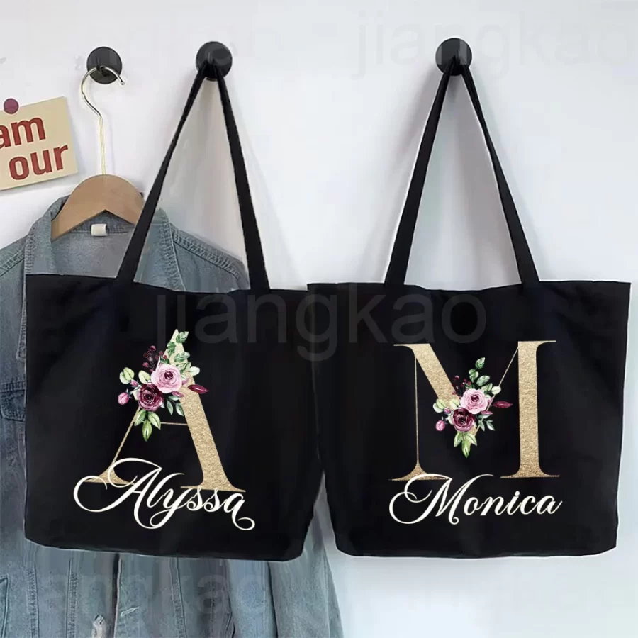 Personalized Initial with Name Tote Bag Women Canvas Shoulder Bags Monogram Shopping Bag Handbags Birthday Wedding Gifts for Her_1