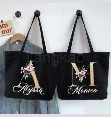 Personalized Initial with Name Tote Bag Women Canvas Shoulder Bags Monogram Shopping Bag Handbags Birthday Wedding Gifts for Her