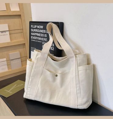 Canvas Women's Bag Large Capacity Multiple Outer Pocket Zipper Shoulder Bag Student Handbag Shopping