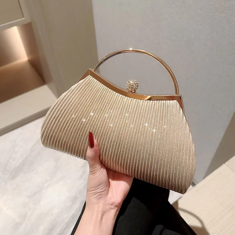 Pleated Evening Handbag Women Top Handle Glitter Day Clutch Ladies Wedding Dinner Dressed Clip Bag Diamond Party Purse Gold_7