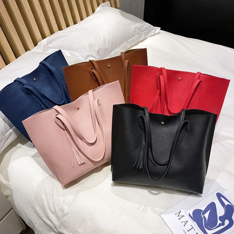 New Trend Women Single Shoulder Bag Casual Large Capacity Pu Lychee Pattern Tassel Outdoor Simple Tote Bag_4