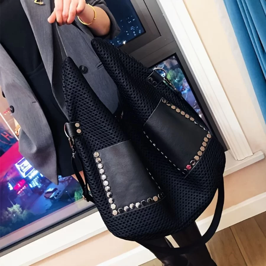 Retro mesh handbag, large capacity shoulder bag, punk style rivet stray bag, large women's bag_2