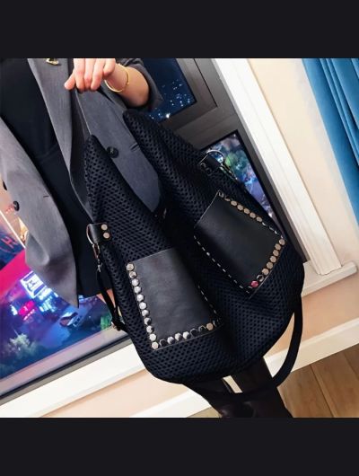 Retro mesh handbag, large capacity shoulder bag, punk style rivet stray bag, large women's bag