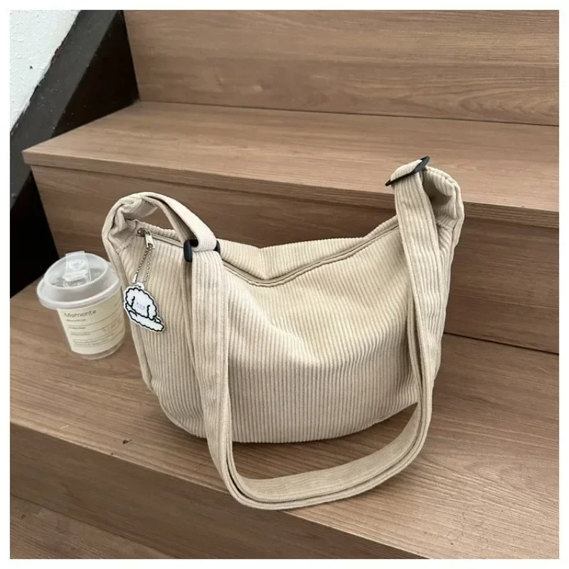 Black Corduroy Bags for Women Japanese Canvas Large Single Shoulder Crossbody Dumpling Bag Student Korean Casual Simple Handbag_1