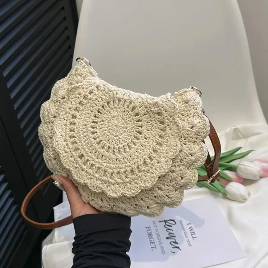 Fashion Hollow Woven Shoulder Bag For Women Handmade Cotton Thread Crochet Crossbody Bag Summer Beach Bag Flip Button Handbag_1