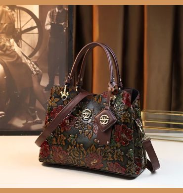 Vintage Flower Pattern Handbag, Luxury PU Leather Tote Bag, Fashion Crossbody Bag For Women