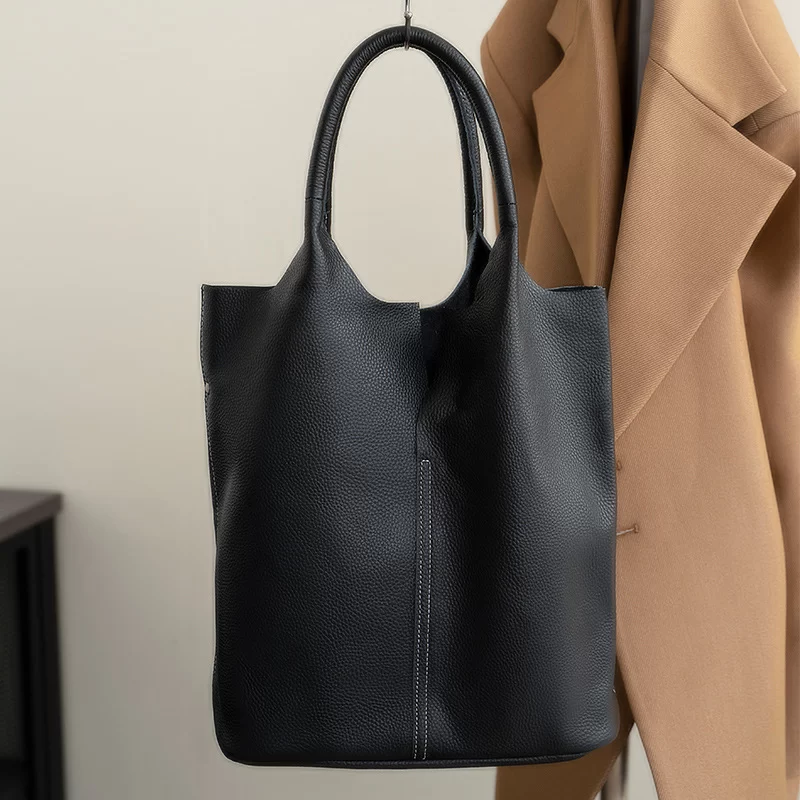 Genuine Leather Commuter Tote Bag Simple Ladies Soft Cowhide Tote Shoulder Handbag Large Capacity Women Bucket Bag 2025 New_8