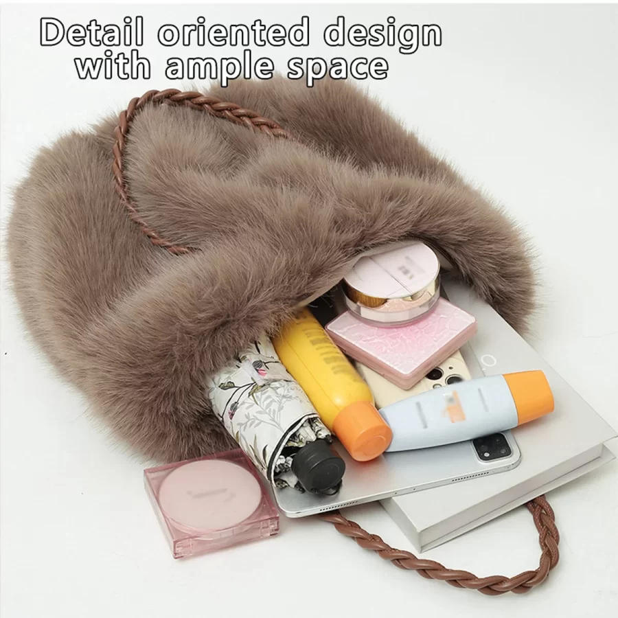 Women's Fashionable Plush Large Capacity Tote Bag High-end Pleated Fox Fur Shoulder Crossbody Bag Commuter Bag with Metal Chain_4