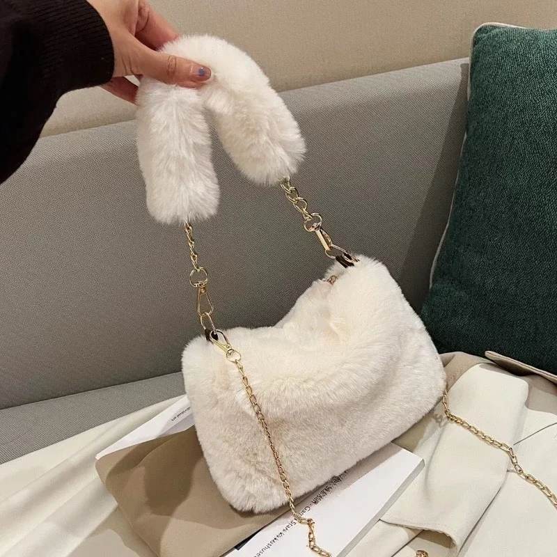 Fashion Women Fluffy Shoulder Bags Female Winter Chain Underarm Bag Solid Color Handbag Soft Plush Handle Bag_9