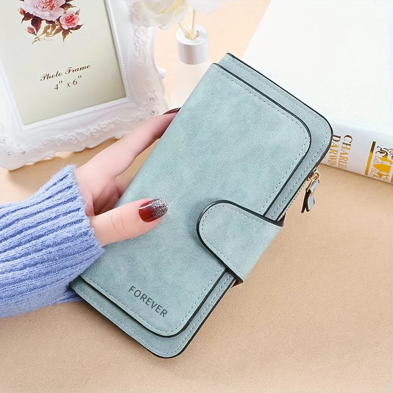 New buckle women's Korean version wallet three fold fashion women's bag multi-card women's purse frosted two-tone fabric_5