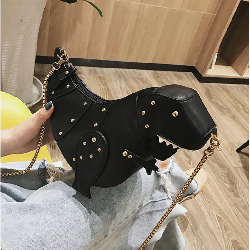 Trend Fashion 3D Dinosaur Design Rivets Pu Leather Girl's Chain Purse Shoulder Bag Tote Ladies Crossbody Mini Messenger Bag Flap_1