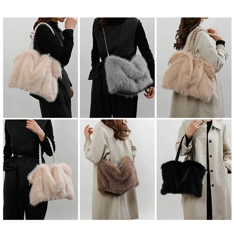 Women's Fashionable Plush Large Capacity Tote Bag High-end Pleated Fox Fur Shoulder Crossbody Bag Commuter Bag with Metal Chain_6