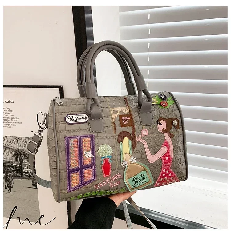 European and American embroidered three-dimensional women's bag new large capacity shoulder  Boston bag trendy crossbody bag_12