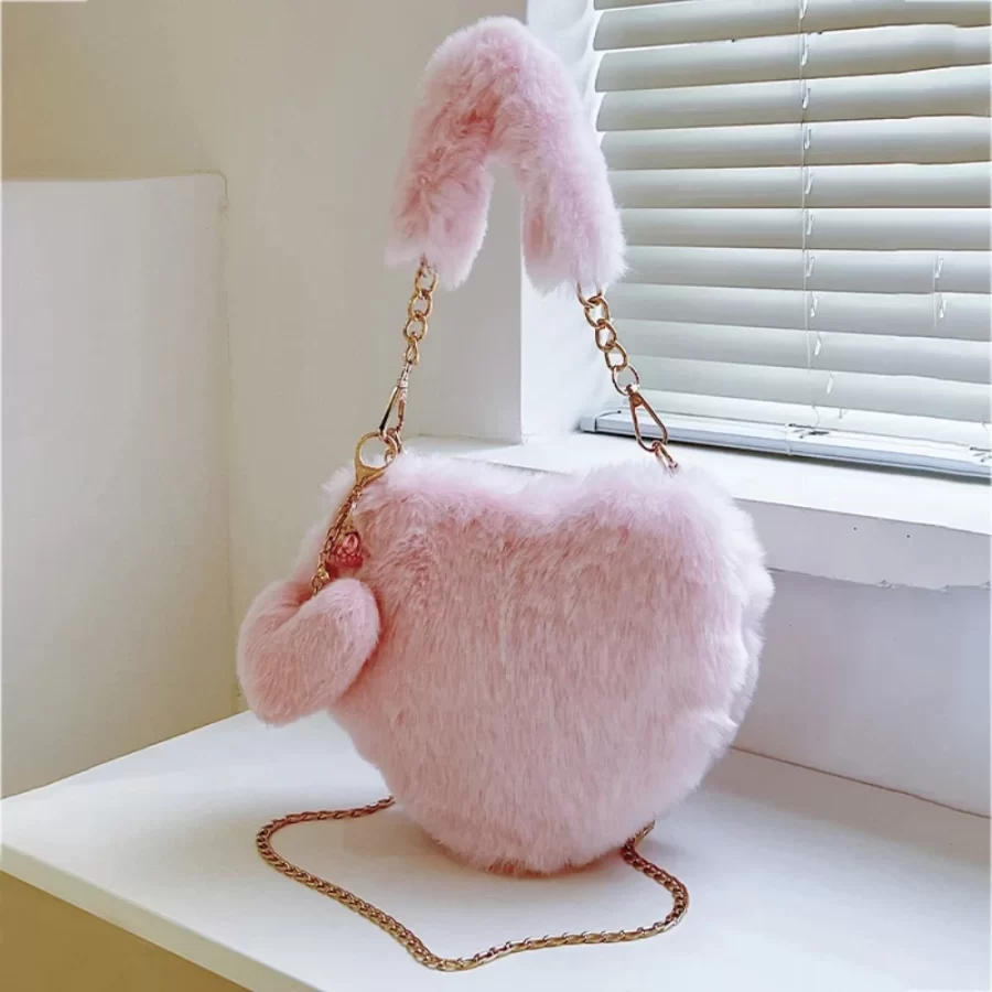 Faux Fur Heart-shaped Women Small Handbags Fluffy Plush Ladies Chain Shoulder Bag Fashion Female Furry Daily Clutch Purse_6