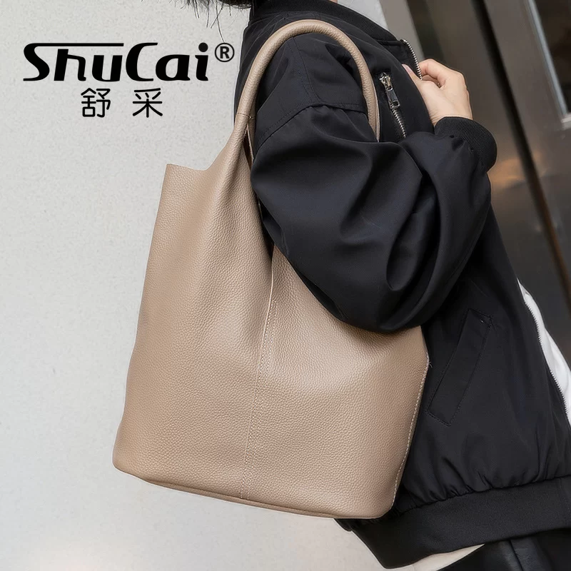 Genuine Leather Commuter Tote Bag Simple Ladies Soft Cowhide Tote Shoulder Handbag Large Capacity Women Bucket Bag 2025 New_5