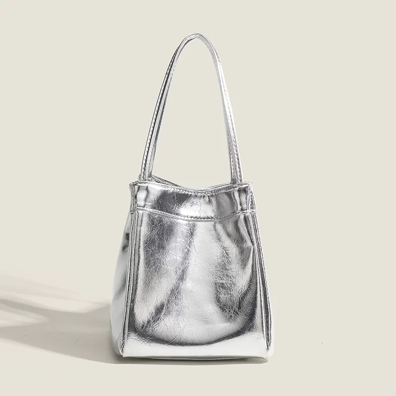 Silver bucket bag for women 2024 new fashionable and simple lunch box bag, niche western-style texture hand-held small bag_3