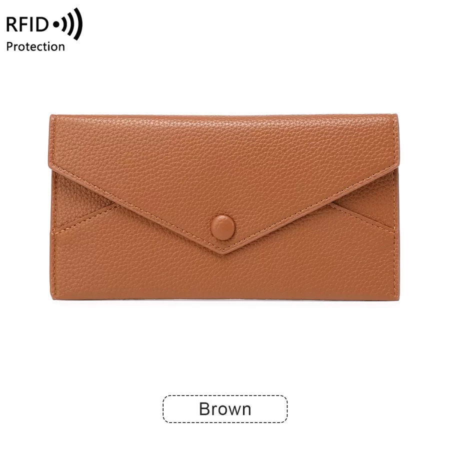 RFID Anti-Theft Purse for Women, Lychee Print, Soft Leather, Envelope Long Wallet, Ultra-thin, Portable, Simple Hand Bag_12