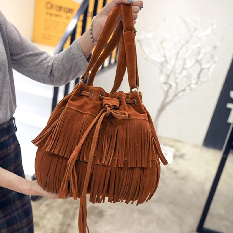 Fashion Retro Faux Suede Fringe Women Messenger Bags Tote New Handbag Tassel Shoulder Handbags Crossbody Bag Tassel Bucket_3