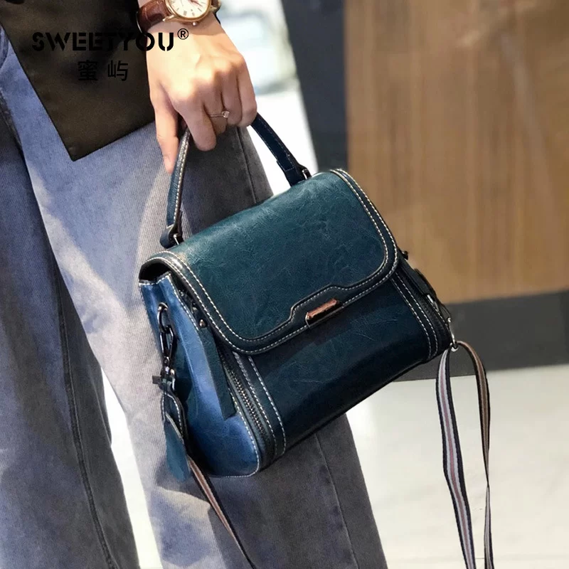 Oil Wax Cowhide Leather Women's Handbag 2024 New Crossbody Bag Lady Commuter Summer Bag Handbill Shoulder Messenger Bags_9