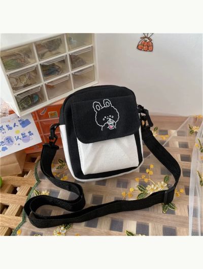 Women's Canvas Crossbody Bags Small Cartoon Rabbit Printed Messenger Bag Fashion Casual Handbag for Girl Students Zipper Purse