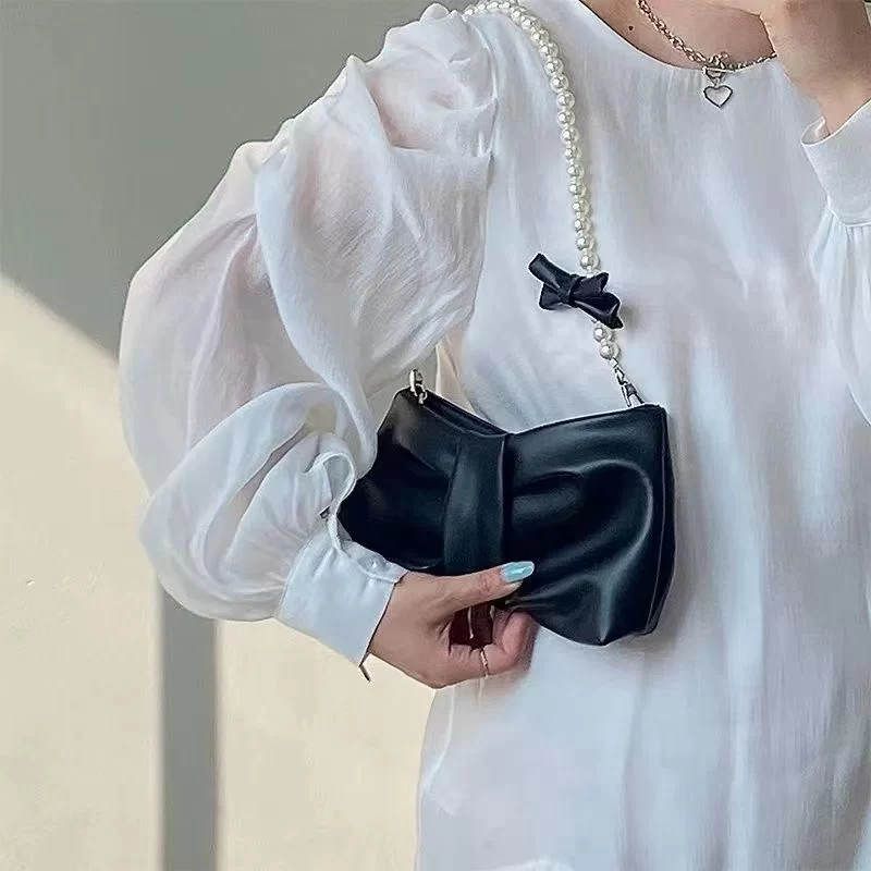 Girl Pearl Bow Handbags Underarm Bag for Woman Summer New Small Fresh Fairy Bag One-shoulder Hand-held Messenger Bag_9