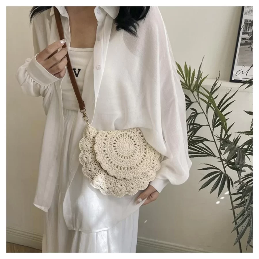 Fashion Hollow Woven Shoulder Bag For Women Handmade Cotton Thread Crochet Crossbody Bag Summer Beach Bag Flip Button Handbag_3