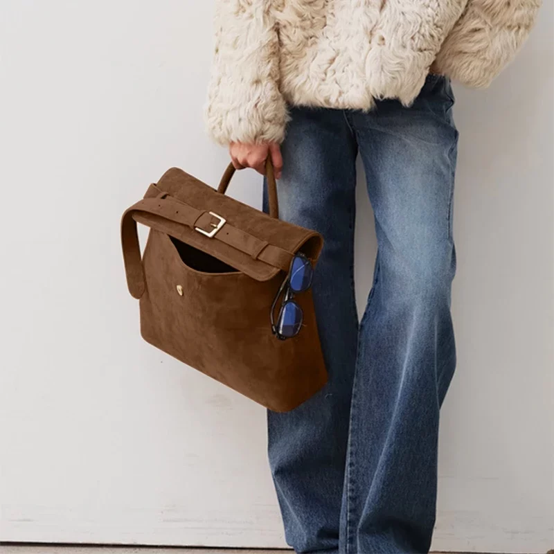 Suede Bag Brand Women Bag Frosted Suede Brown Women Totes Versatile Belt Bucklewomen Shoulder Bags Fashion Crossbody Handbags_4