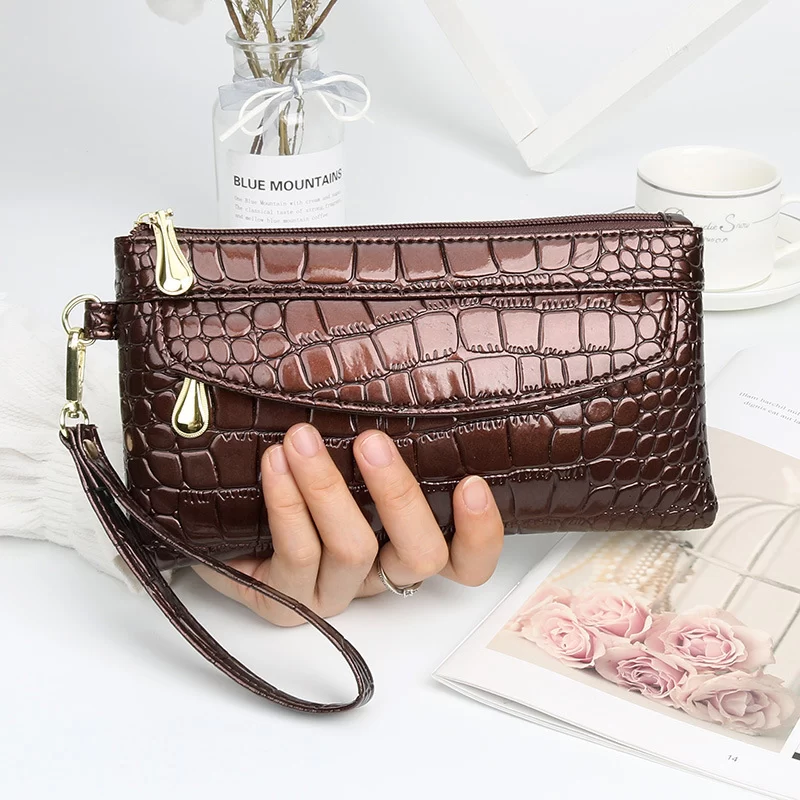 New Women Crocodile Pattern PU Long Wallet Litchi Grain Coin Purse Female Bag Wrist Bags Zipper Phone Pocket Credit Card Holder_17