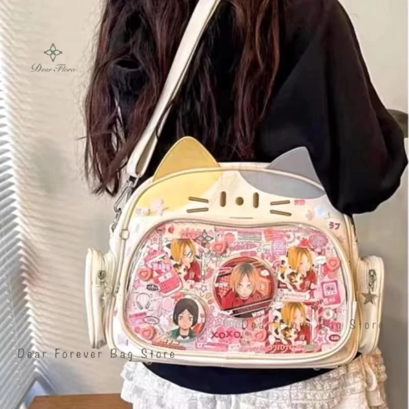 New Y2K Korean Kawaii Cat Ita Bag Cute PU Shoulder Bag Girls Transparent Pocket Harajuku Crossbody Bag Women's Fashion Backpacks_4