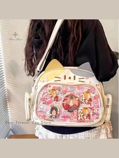 New Y2K Korean Kawaii Cat Ita Bag Cute PU Shoulder Bag Girls Transparent Pocket Harajuku Crossbody Bag Women's Fashion Backpacks