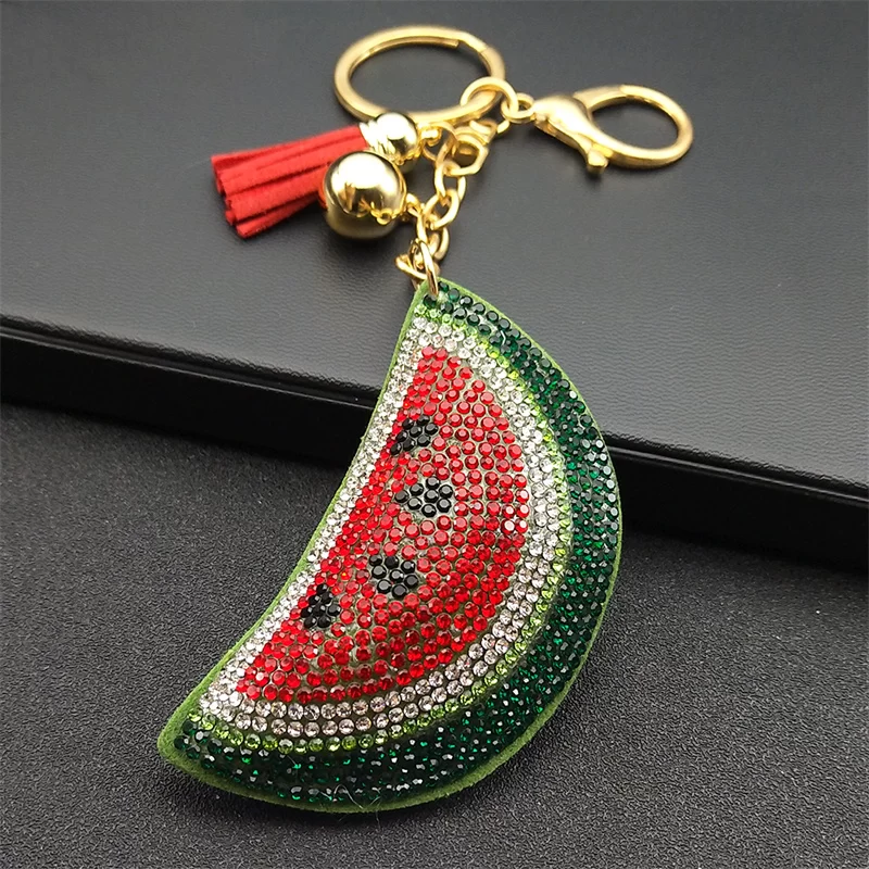 Kawaii Watermelon Full Crystal Key Chain Women Men Alloy Leather Gold Color Fruit Keyring Bag Car Accessories Jewelry K5100S05_1