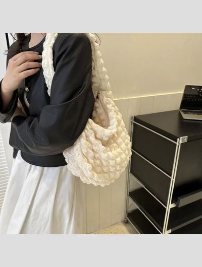 Women Plaid Quilted Large Capacity Tote Bag Crossbody Bag Solid Color Shoulder Bag Cute Pleated Bubbles Embroidered Satchel Bags