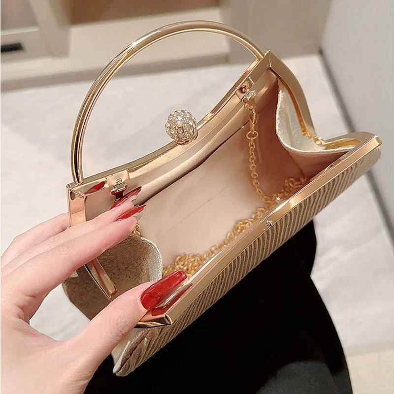 Pleated Evening Handbag Women Top Handle Glitter Day Clutch Ladies Wedding Dinner Dressed Clip Bag Diamond Party Purse Gold_3