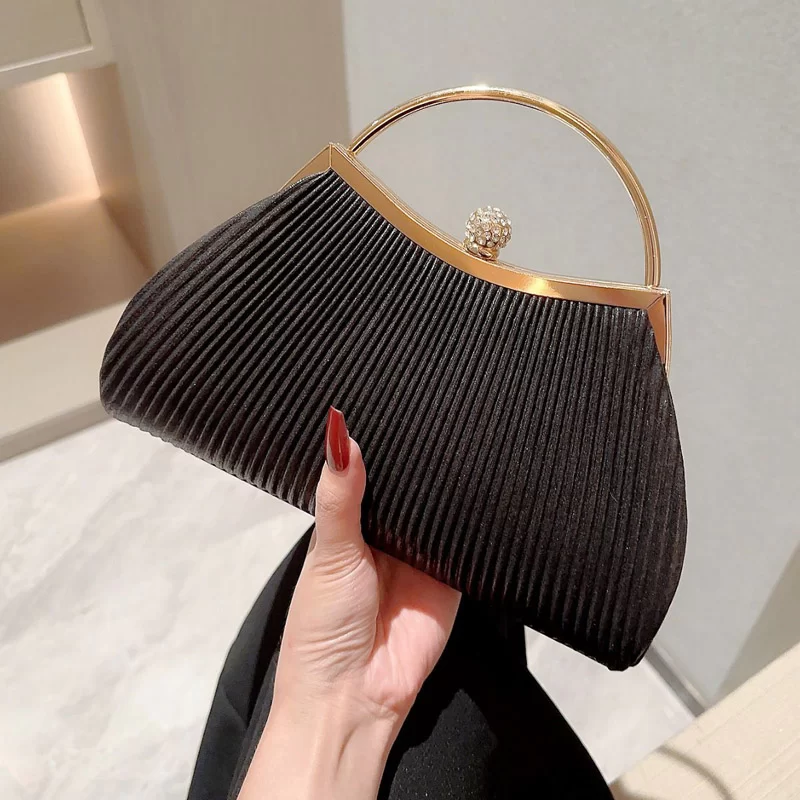 Pleated Evening Handbag Women Top Handle Glitter Day Clutch Ladies Wedding Dinner Dressed Clip Bag Diamond Party Purse Gold_8