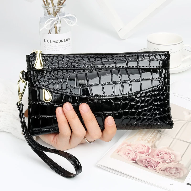 New Women Crocodile Pattern PU Long Wallet Litchi Grain Coin Purse Female Bag Wrist Bags Zipper Phone Pocket Credit Card Holder_11