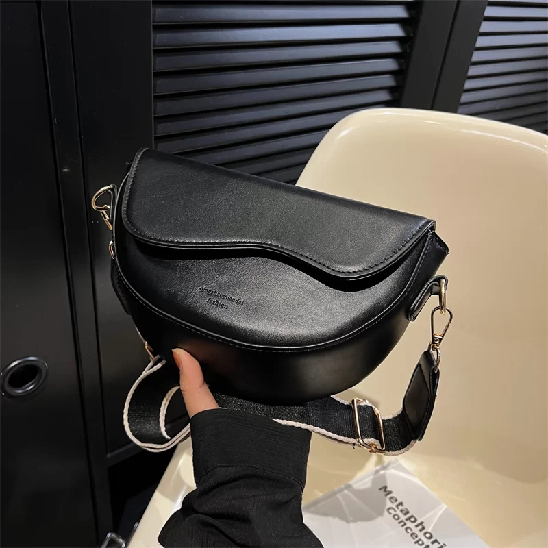 Women Vintage Solid Color Flap Small Saddle Shoulder Underarm Bag Fashion PU Leather Wide Strap Crossbody Bag_1