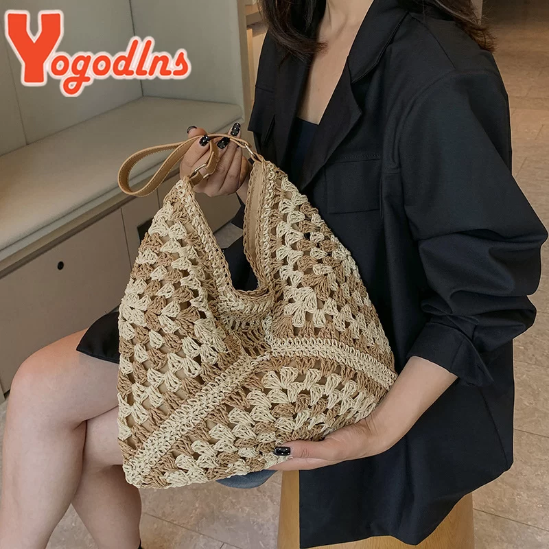 Yogodlns Women Weaving Clutches Top-handle Bag Large  Portable Shoulder Bag Summer Beach Purses Shopper Satchel Female Tote Bags_3