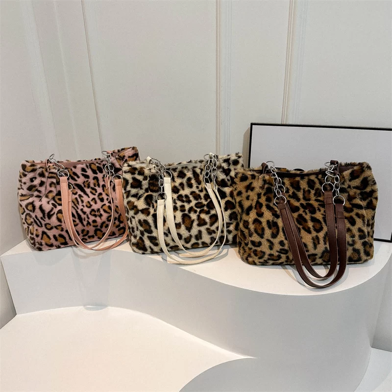 National Style Simple Women Leopard Tote Bag Lady Luxury Fluffy Shoulder Bag Chain Large Capacity Commuter Handle Bag_4