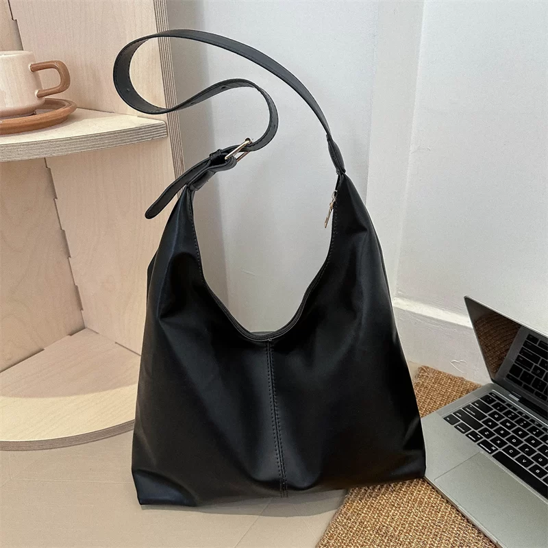 Trendy Casual Soft PU Women's Handbags Solid Color Large Capacity Female Shoulder Bag Retro Tote Bag For Commute Shopping_1