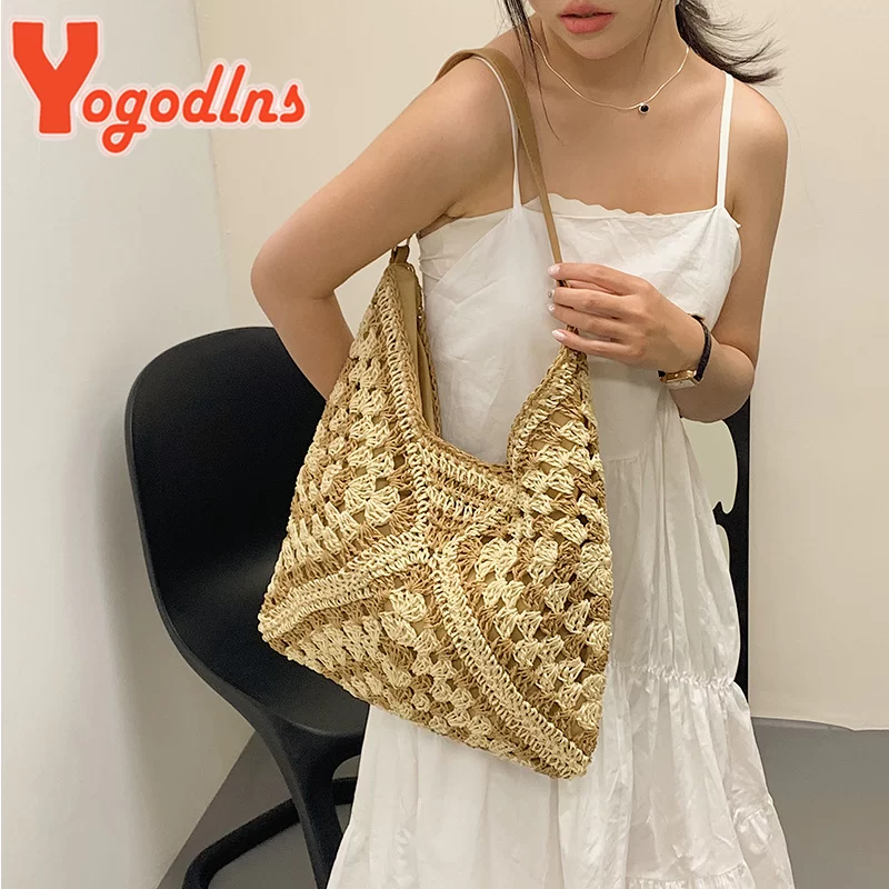 Yogodlns Women Weaving Clutches Top-handle Bag Large  Portable Shoulder Bag Summer Beach Purses Shopper Satchel Female Tote Bags_2