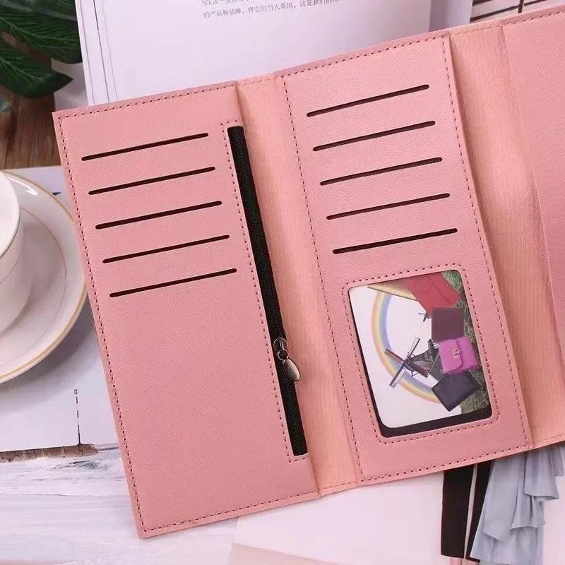 2024 PU Leather Women Wallets Luxury Long Hasp Fold-over Pattern Coin Purses Female Brand Solid Colors New Thin Clutch Phone Bag_4