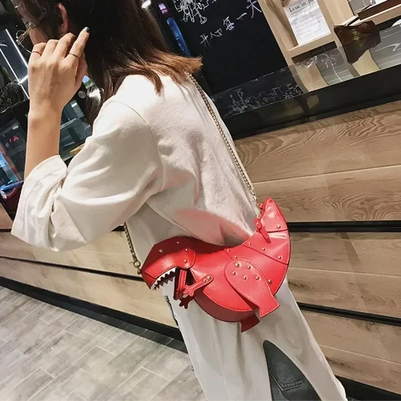 Trend Fashion 3D Dinosaur Design Rivets Pu Leather Girl's Chain Purse Shoulder Bag Tote Ladies Crossbody Mini Messenger Bag Flap_4