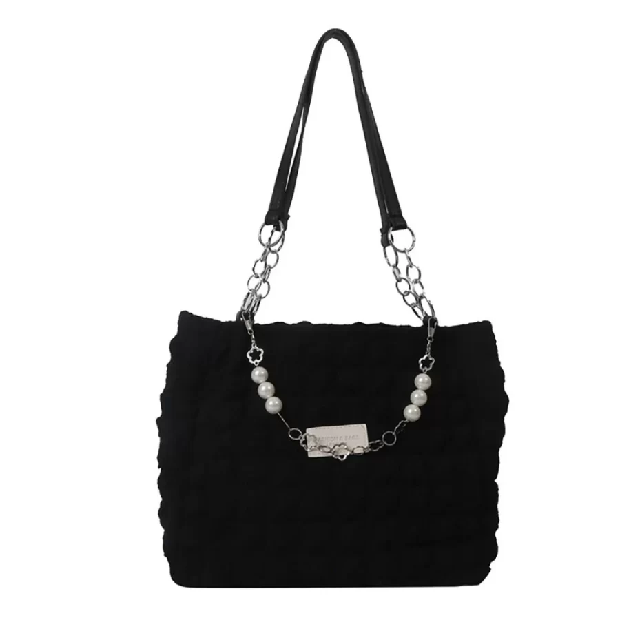 Large Capacity Ladies Tote Bag Fashion Plaid Women's Beaded Chain Shoulder Bags Soft Fabric Commuter Female Handbags Purse_9